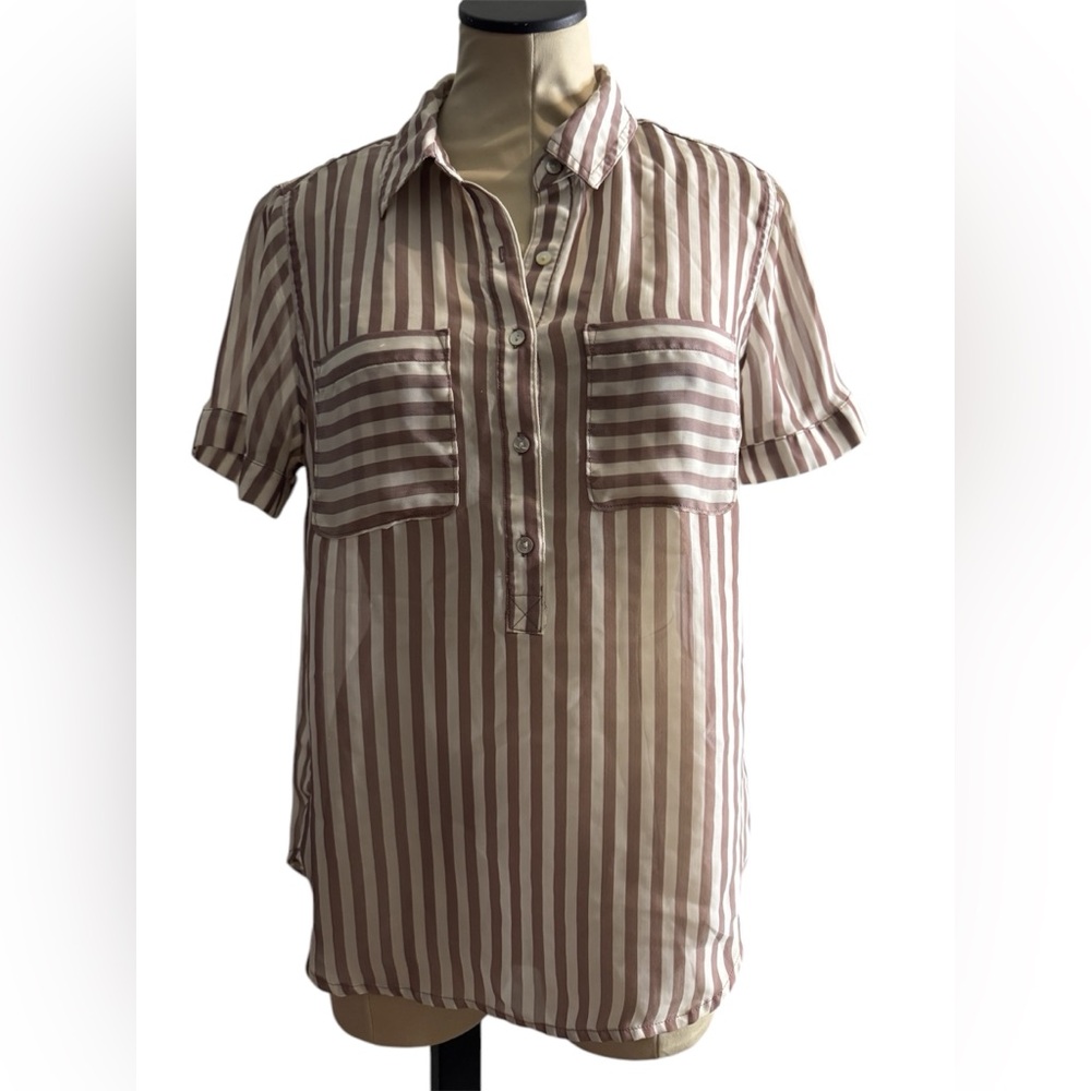 Striped Sheer Short Sleeve Button-Up Blouse
